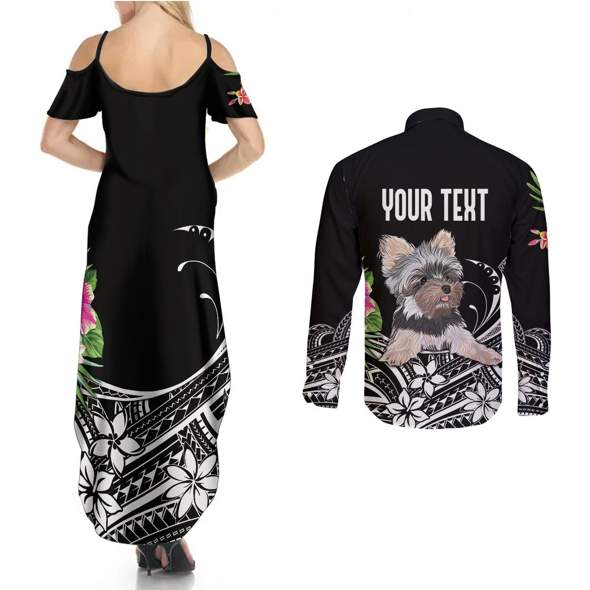 Personalised Polynesian Couples Matching Summer Maxi Dress and Long Sleeve Button Shirts With Yorkshire Terrier Floral Style LT7 - Polynesian Pride