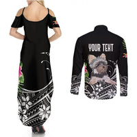 Personalised Polynesian Couples Matching Summer Maxi Dress and Long Sleeve Button Shirts With Yorkshire Terrier Floral Style LT7 - Polynesian Pride
