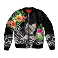 Personalised Polynesian Sleeve Zip Bomber Jacket With Yorkshire Terrier Floral Style LT7 Unisex Black - Polynesian Pride