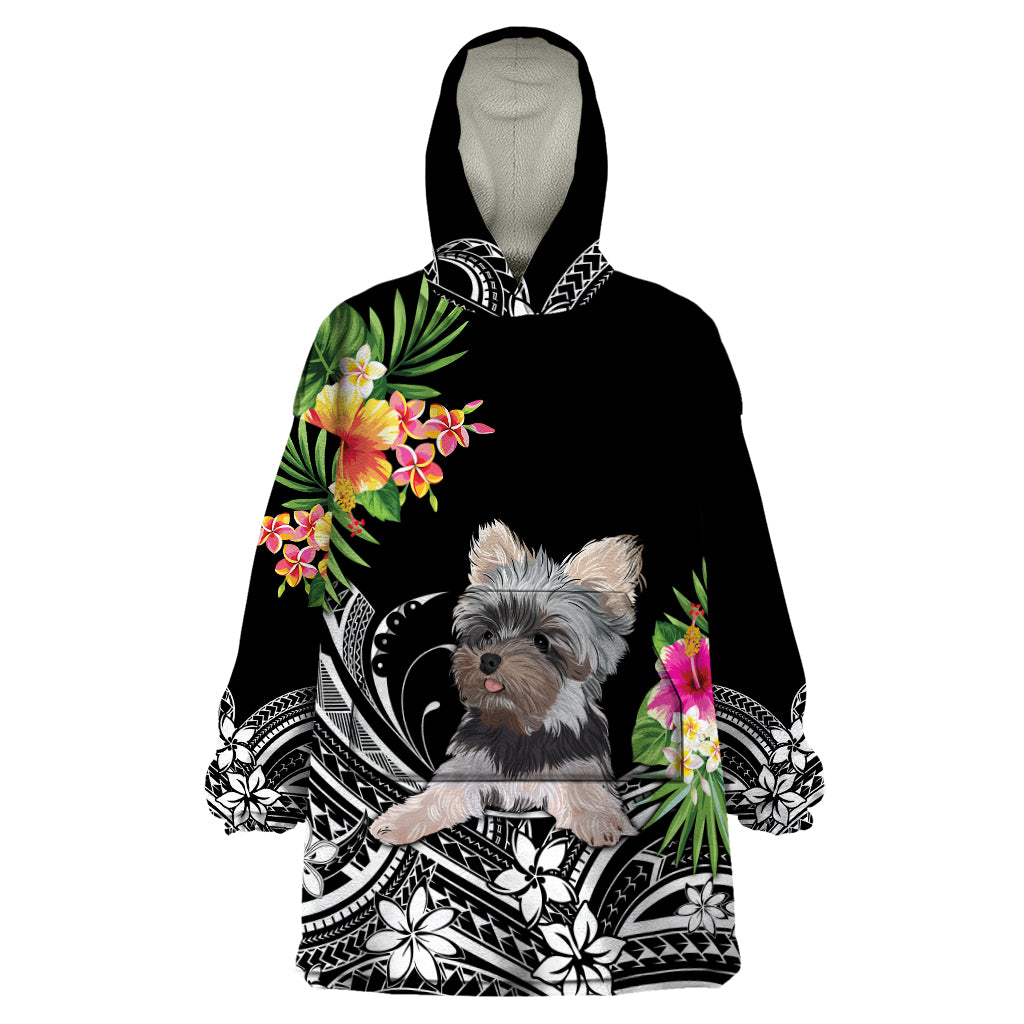 Personalised Polynesian Wearable Blanket Hoodie With Yorkshire Terrier Floral Style LT7 One Size Black - Polynesian Pride