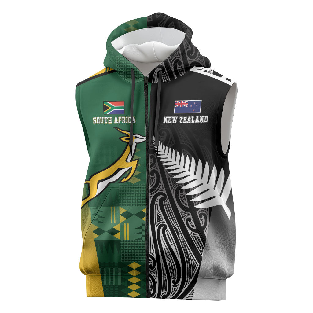Custom Rugby South Africa New Zealand Greatest Rivals Sleeveless Zip Hoodie Tribal Motifs LT7 Multicolor - Polynesian Pride