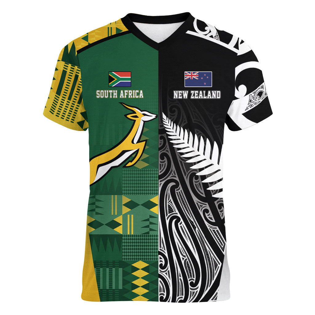 Custom Rugby South Africa New Zealand Greatest Rivals Women V-Neck T-Shirt Tribal Motifs LT7 Female Multicolor - Polynesian Pride
