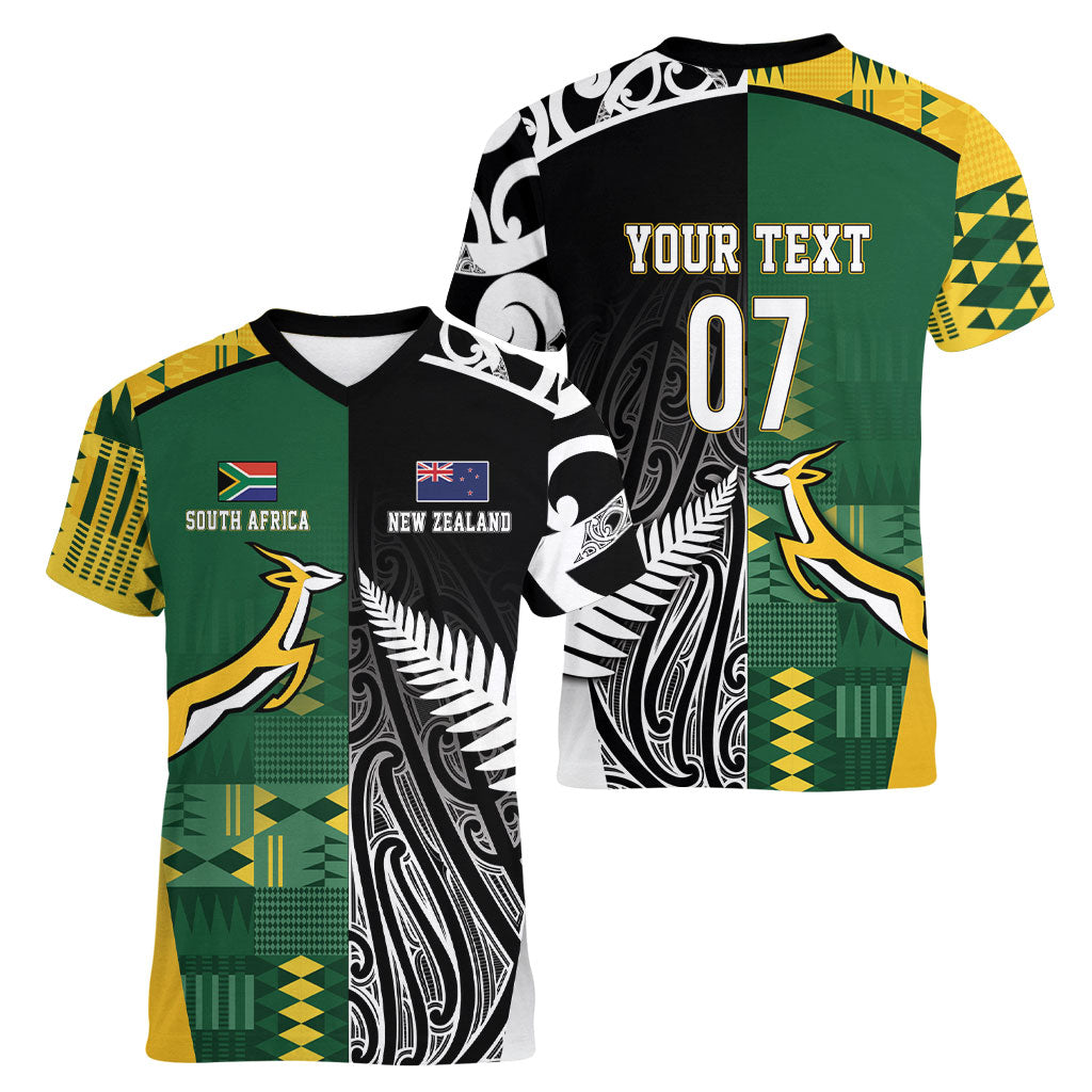 Custom Rugby South Africa New Zealand Greatest Rivals Women V-Neck T-Shirt Tribal Motifs LT7 - Polynesian Pride