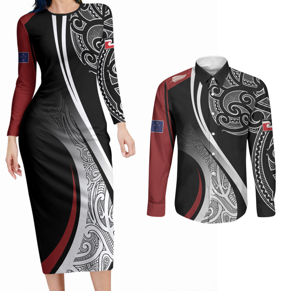 Aotearoa Maori Rugby Custom Couples Matching Long Sleeve Bodycon Dress and Long Sleeve Button Shirt Kapa O Pango LT7 Black - Polynesian Pride