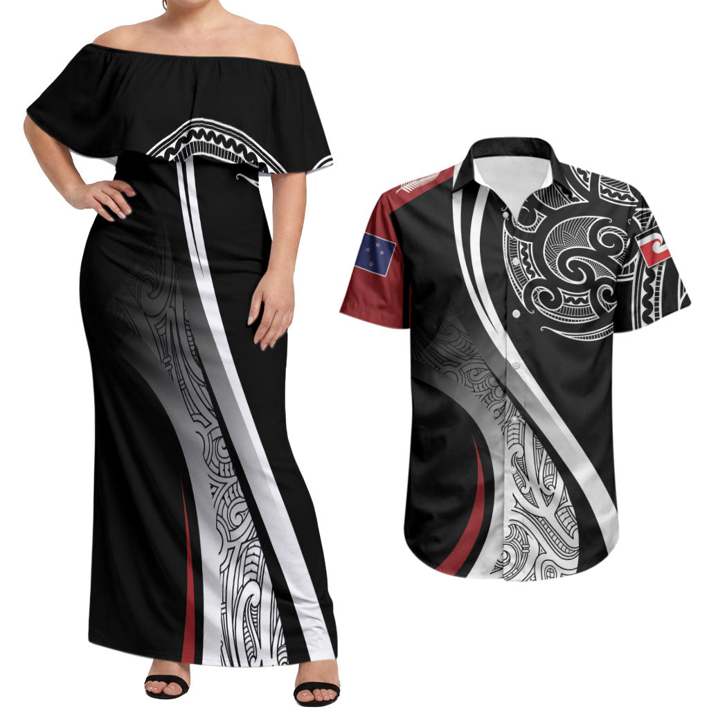 Aotearoa Maori Rugby Custom Couples Matching Off Shoulder Maxi Dress and Hawaiian Shirt Kapa O Pango LT7 Black - Polynesian Pride