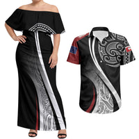 Aotearoa Maori Rugby Custom Couples Matching Off Shoulder Maxi Dress and Hawaiian Shirt Kapa O Pango LT7 Black - Polynesian Pride