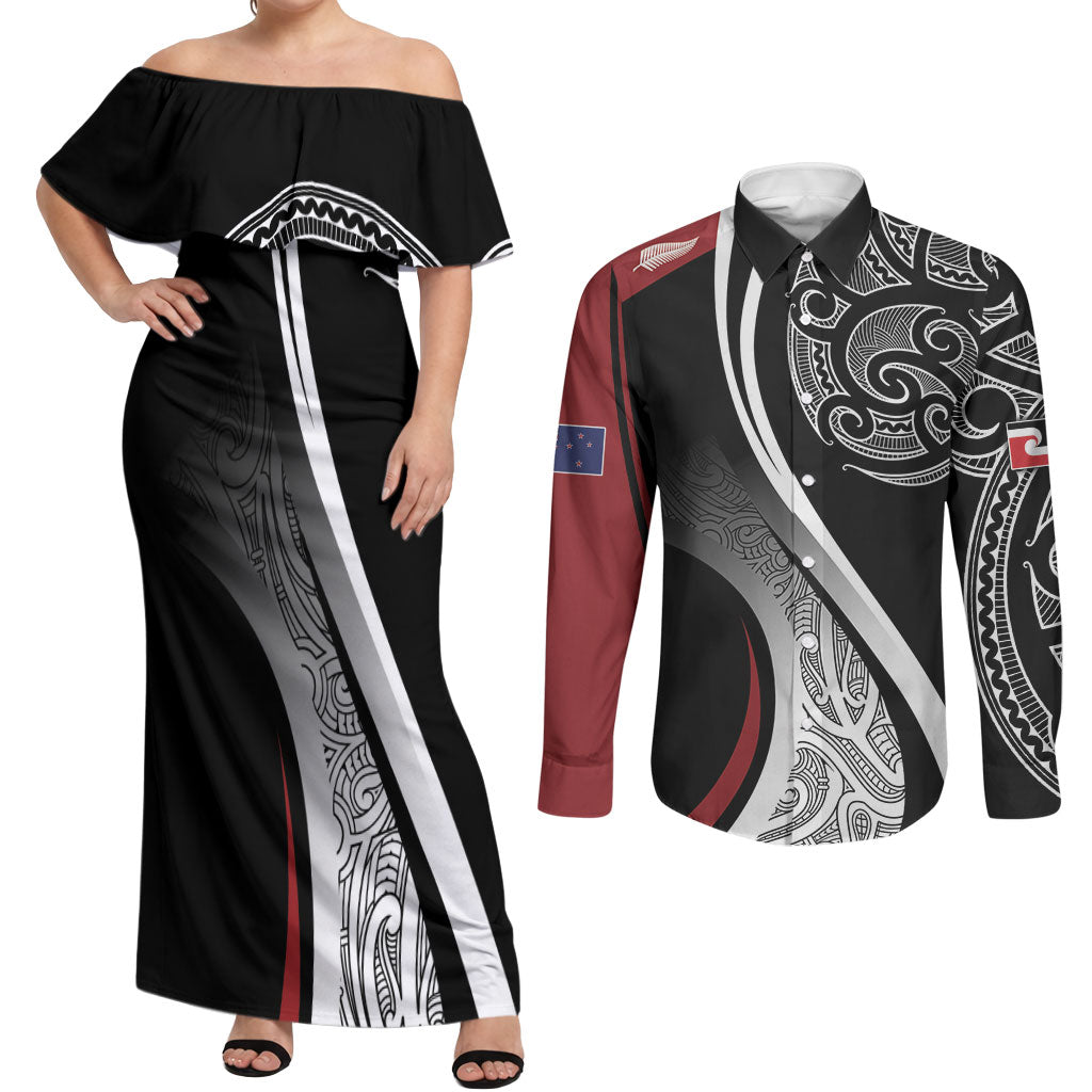 Aotearoa Maori Rugby Custom Couples Matching Off Shoulder Maxi Dress and Long Sleeve Button Shirt Kapa O Pango LT7 Black - Polynesian Pride
