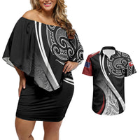 Aotearoa Maori Rugby Custom Couples Matching Off Shoulder Short Dress and Hawaiian Shirt Kapa O Pango LT7 Black - Polynesian Pride