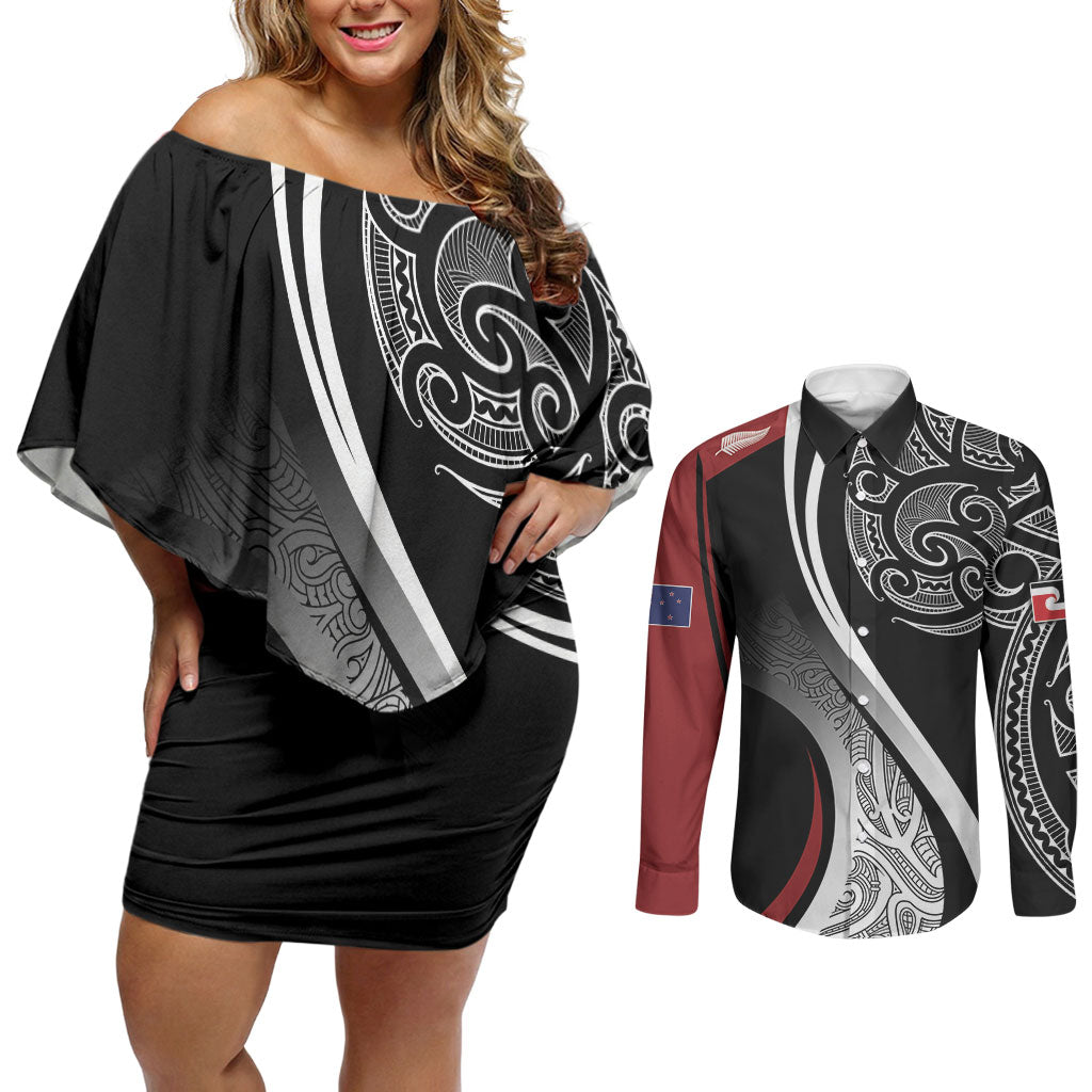 Aotearoa Maori Rugby Custom Couples Matching Off Shoulder Short Dress and Long Sleeve Button Shirt Kapa O Pango LT7 Black - Polynesian Pride