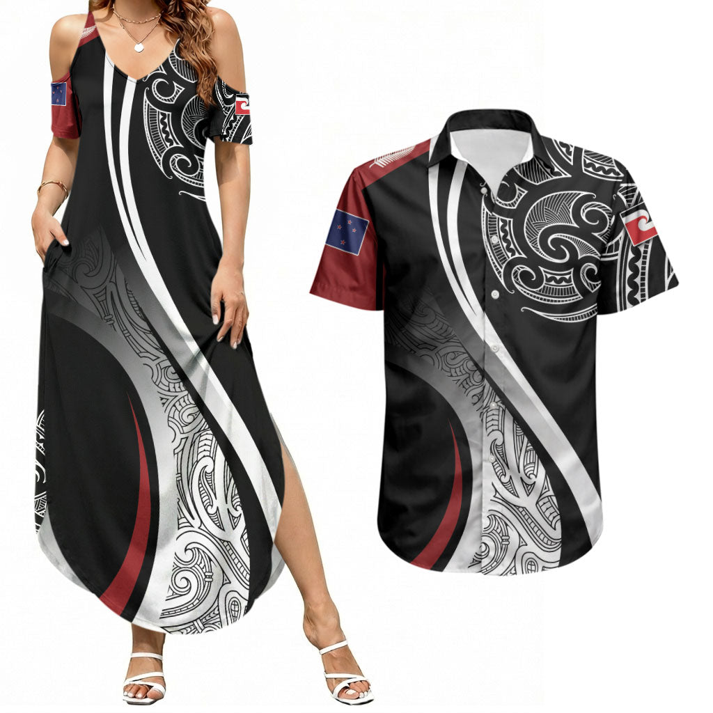 Aotearoa Maori Rugby Custom Couples Matching Summer Maxi Dress and Hawaiian Shirt Kapa O Pango LT7 Black - Polynesian Pride