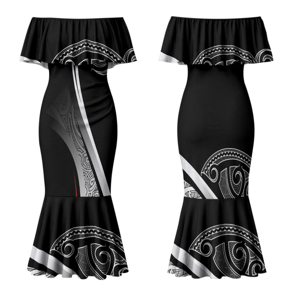 Aotearoa Maori Rugby Custom Family Matching Mermaid Dress and Hawaiian Shirt Kapa O Pango LT7 Mom's Dress Black - Polynesian Pride