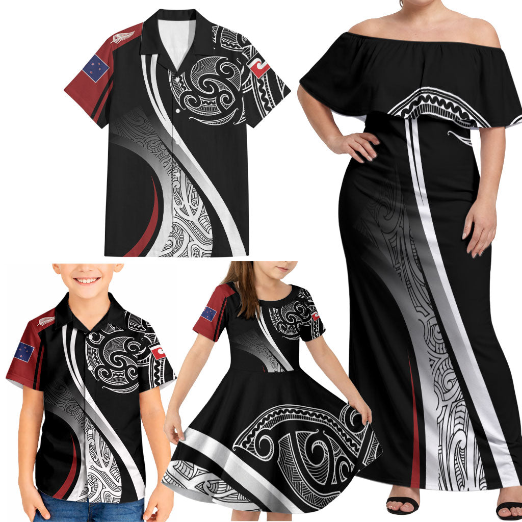 Aotearoa Maori Rugby Custom Family Matching Off Shoulder Maxi Dress and Hawaiian Shirt Kapa O Pango LT7 - Polynesian Pride