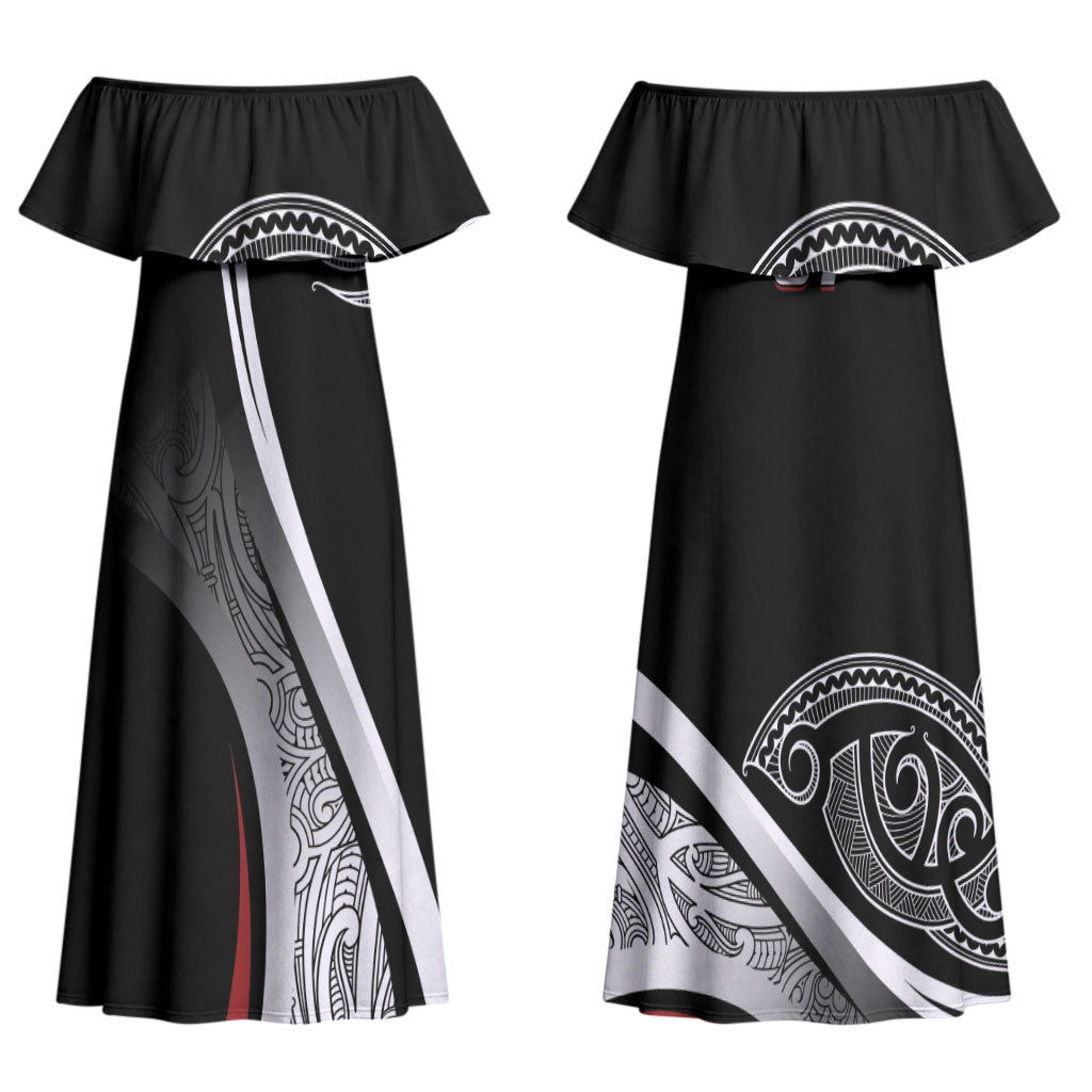 Aotearoa Maori Rugby Custom Family Matching Off Shoulder Maxi Dress and Hawaiian Shirt Kapa O Pango LT7 Mom's Dress Black - Polynesian Pride