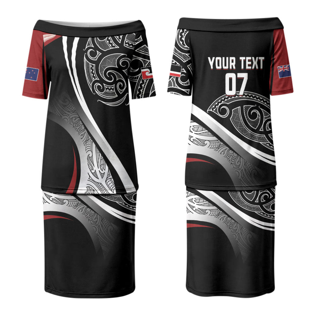 Aotearoa Maori Rugby Custom Family Matching Puletasi and Hawaiian Shirt Kapa O Pango LT7 Mom's Dress Black - Polynesian Pride