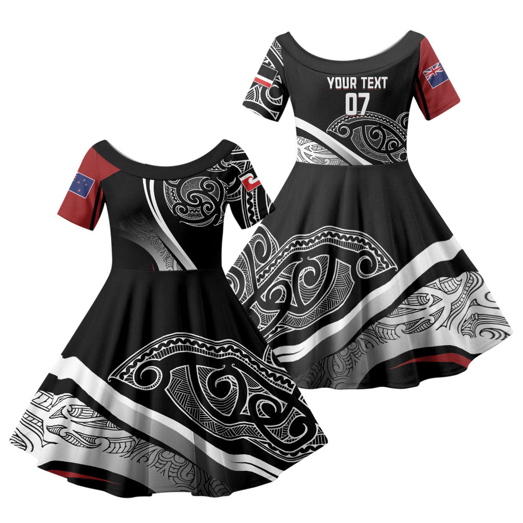 Aotearoa Maori Rugby Custom Family Matching Tank Maxi Dress and Hawaiian Shirt Kapa O Pango LT7 Daughter's Dress Black - Polynesian Pride