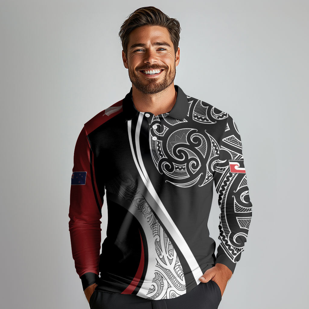 Aotearoa Maori Rugby Custom Long Sleeve Polo Shirt Kapa O Pango LT7 - Polynesian Pride