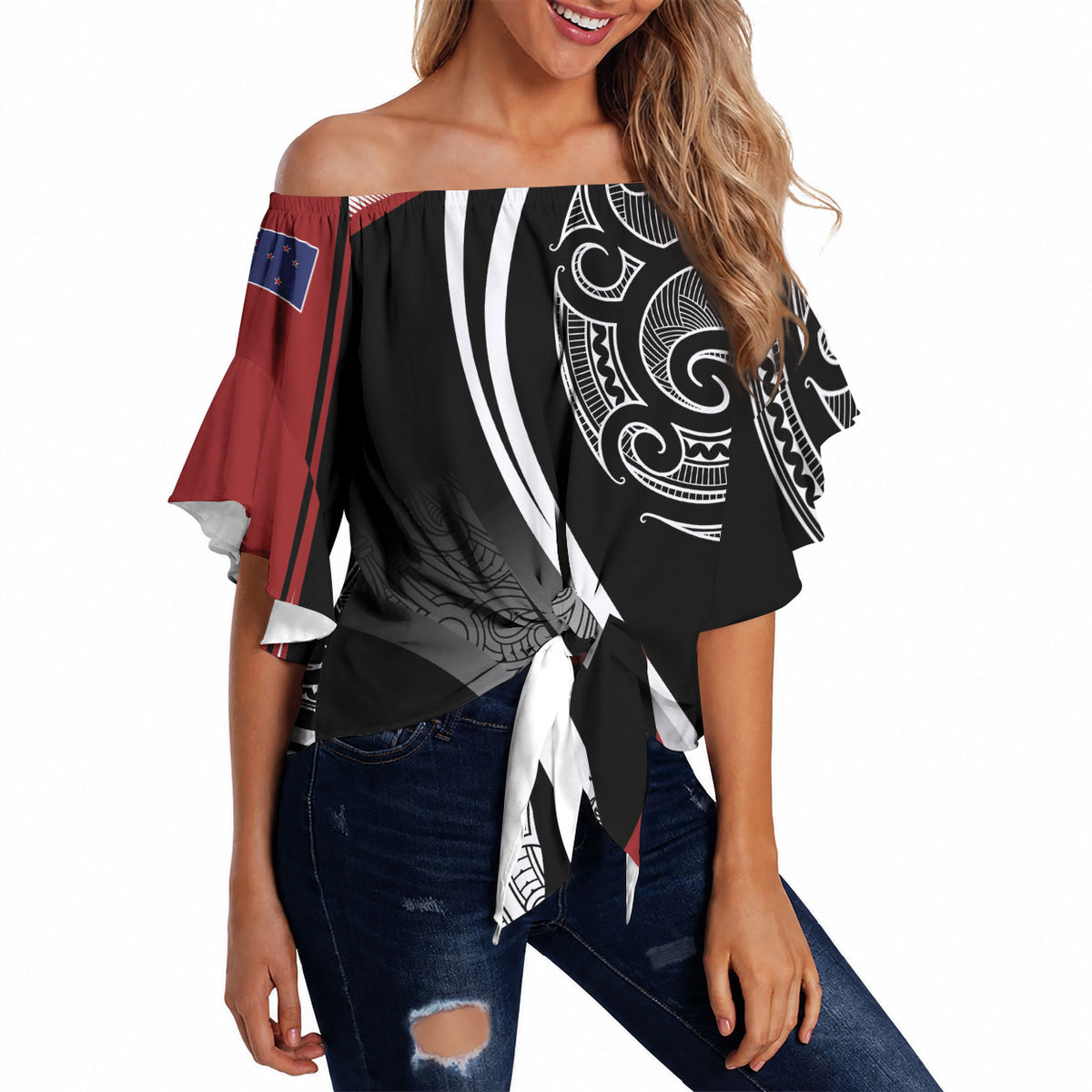 Aotearoa Maori Rugby Custom Off Shoulder Wrap Waist Top Kapa O Pango LT7 Black - Polynesian Pride