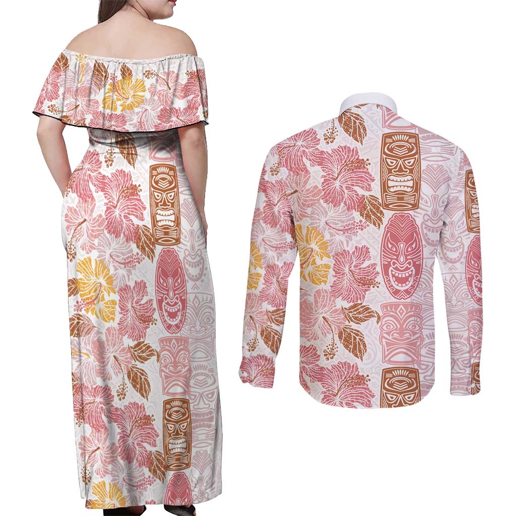 Christmas Aloha Hawaii Tiki Couples Matching Off Shoulder Maxi Dress and Long Sleeve Button Shirt Hibiscus Spring Colors - Polynesian Pride