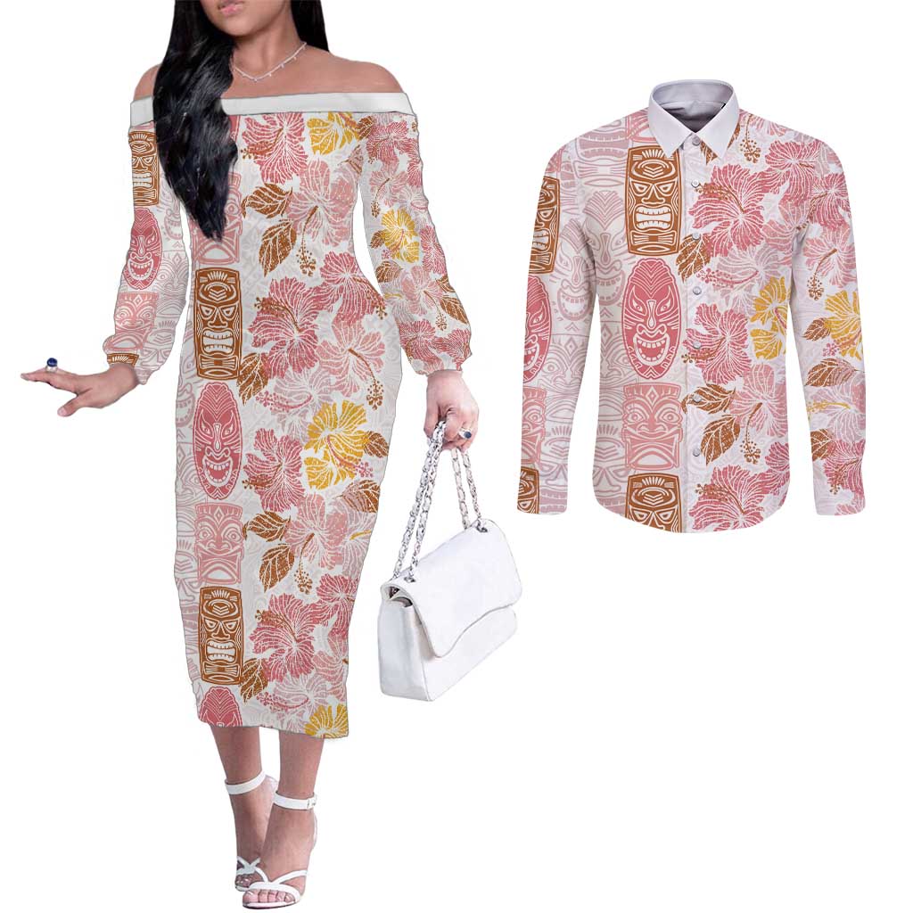Christmas Aloha Hawaii Tiki Couples Matching Off The Shoulder Long Sleeve Dress and Long Sleeve Button Shirt Hibiscus Spring Colors - Polynesian Pride