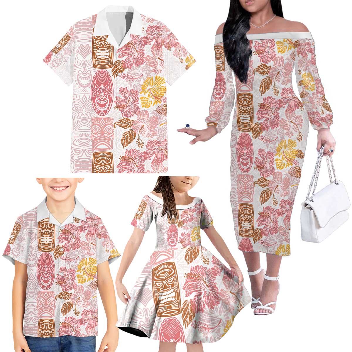 Christmas Aloha Hawaii Tiki Family Matching Off The Shoulder Long Sleeve Dress and Hawaiian Shirt Hibiscus Spring Colors - Polynesian Pride
