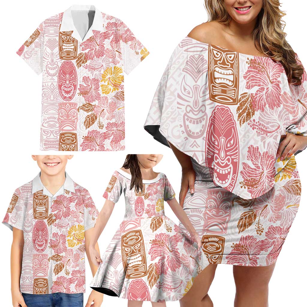 Christmas Aloha Hawaii Tiki Family Matching Off Shoulder Short Dress and Hawaiian Shirt Hibiscus Spring Colors - Polynesian Pride