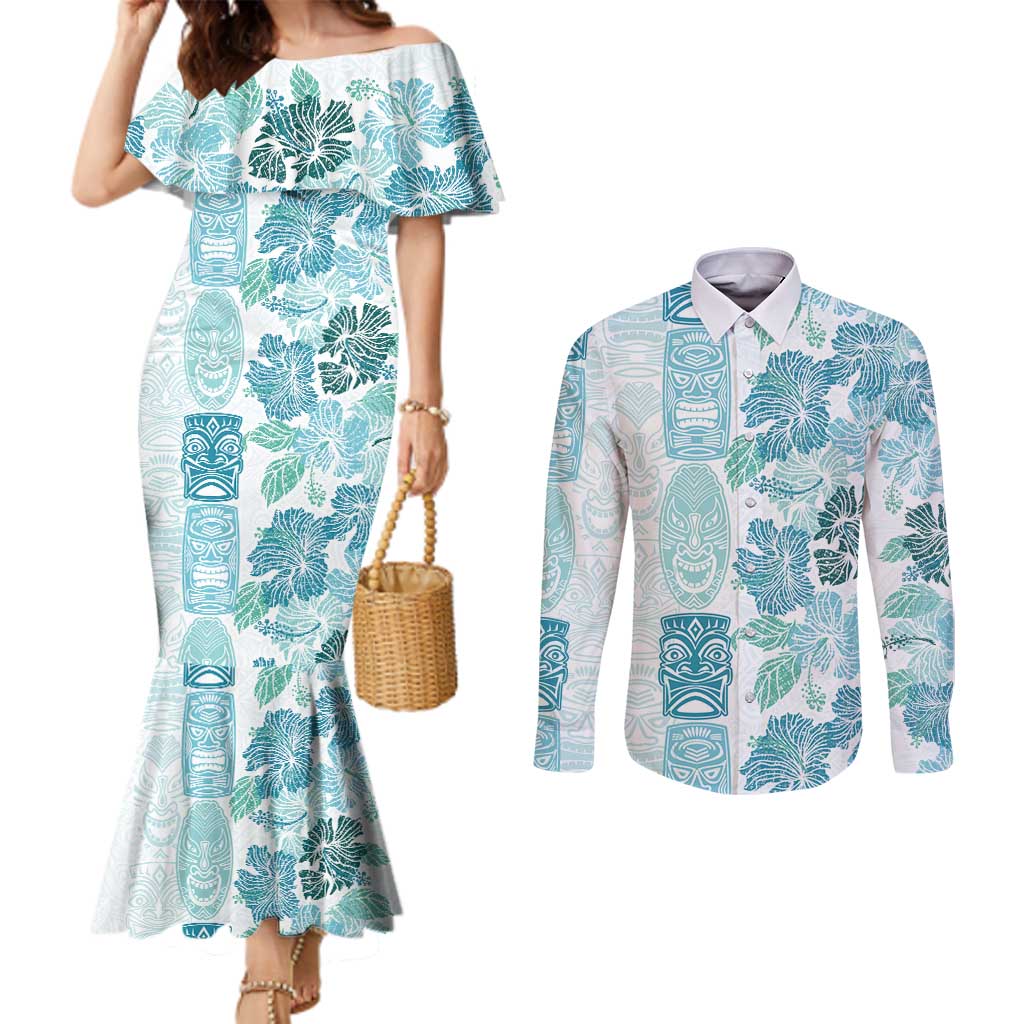 Christmas Aloha Hawaii Tiki Couples Matching Mermaid Dress and Long Sleeve Button Shirt Hibiscus Summer Colors - Polynesian Pride