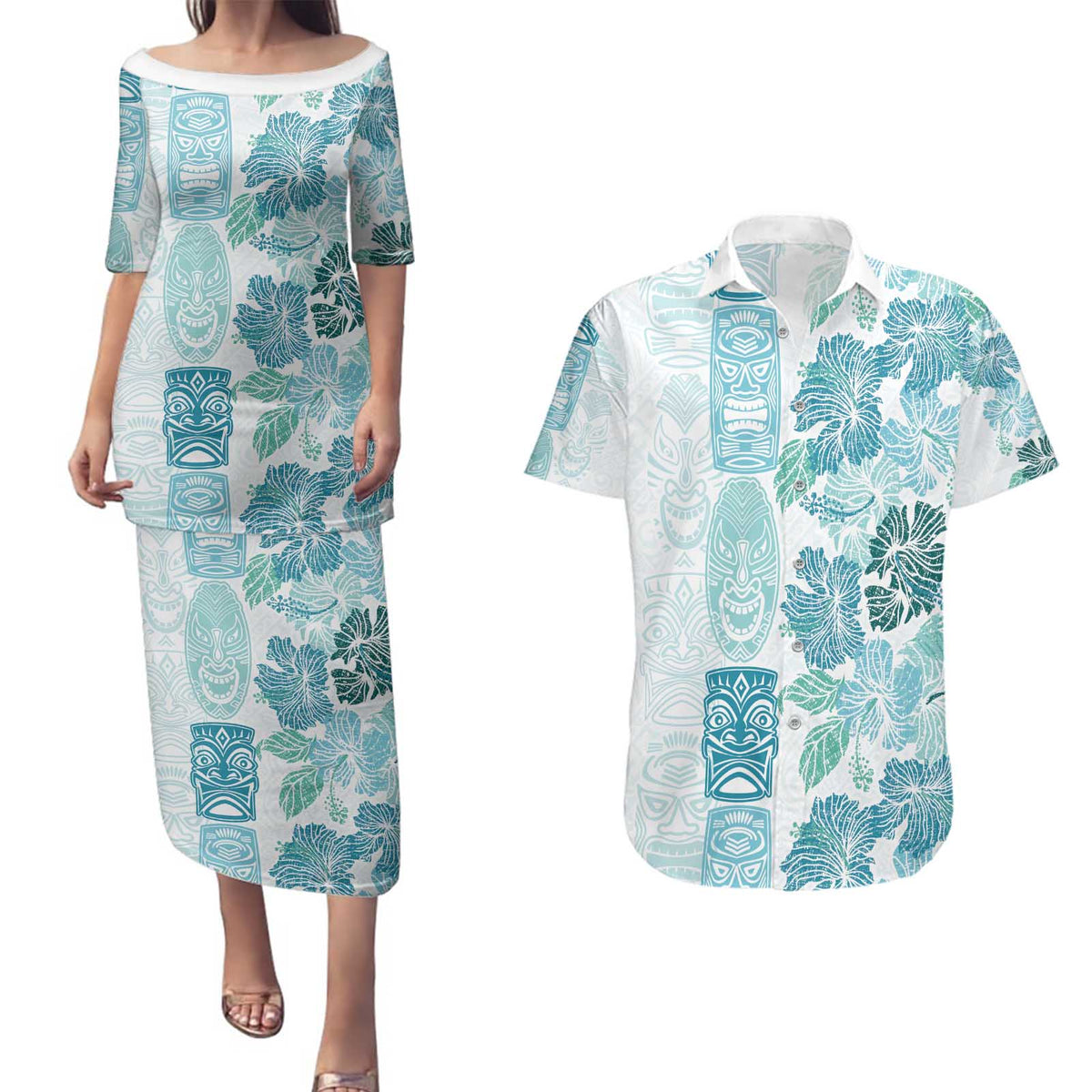 Christmas Aloha Hawaii Tiki Couples Matching Puletasi and Hawaiian Shirt Hibiscus Summer Colors - Polynesian Pride