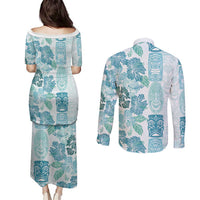 Christmas Aloha Hawaii Tiki Couples Matching Puletasi and Long Sleeve Button Shirt Hibiscus Summer Colors - Polynesian Pride