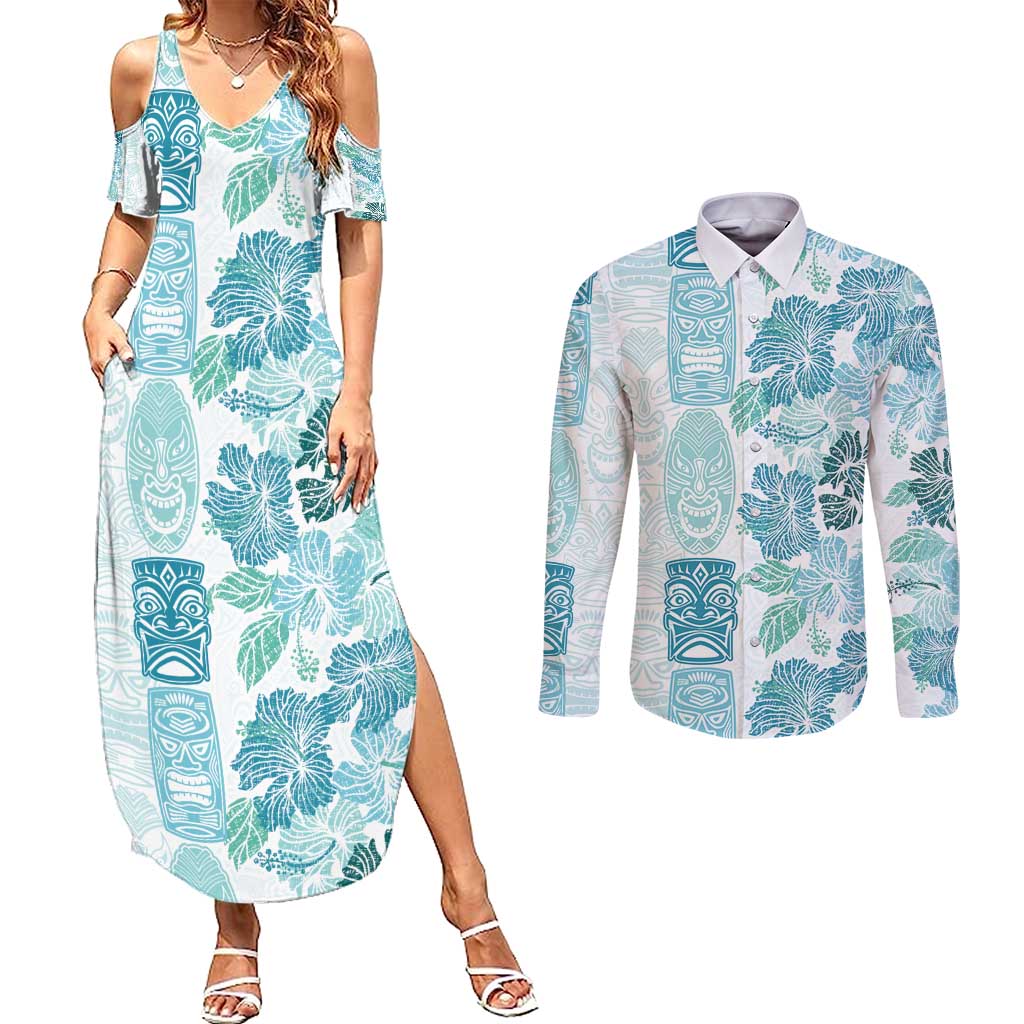 Christmas Aloha Hawaii Tiki Couples Matching Summer Maxi Dress and Long Sleeve Button Shirt Hibiscus Summer Colors - Polynesian Pride