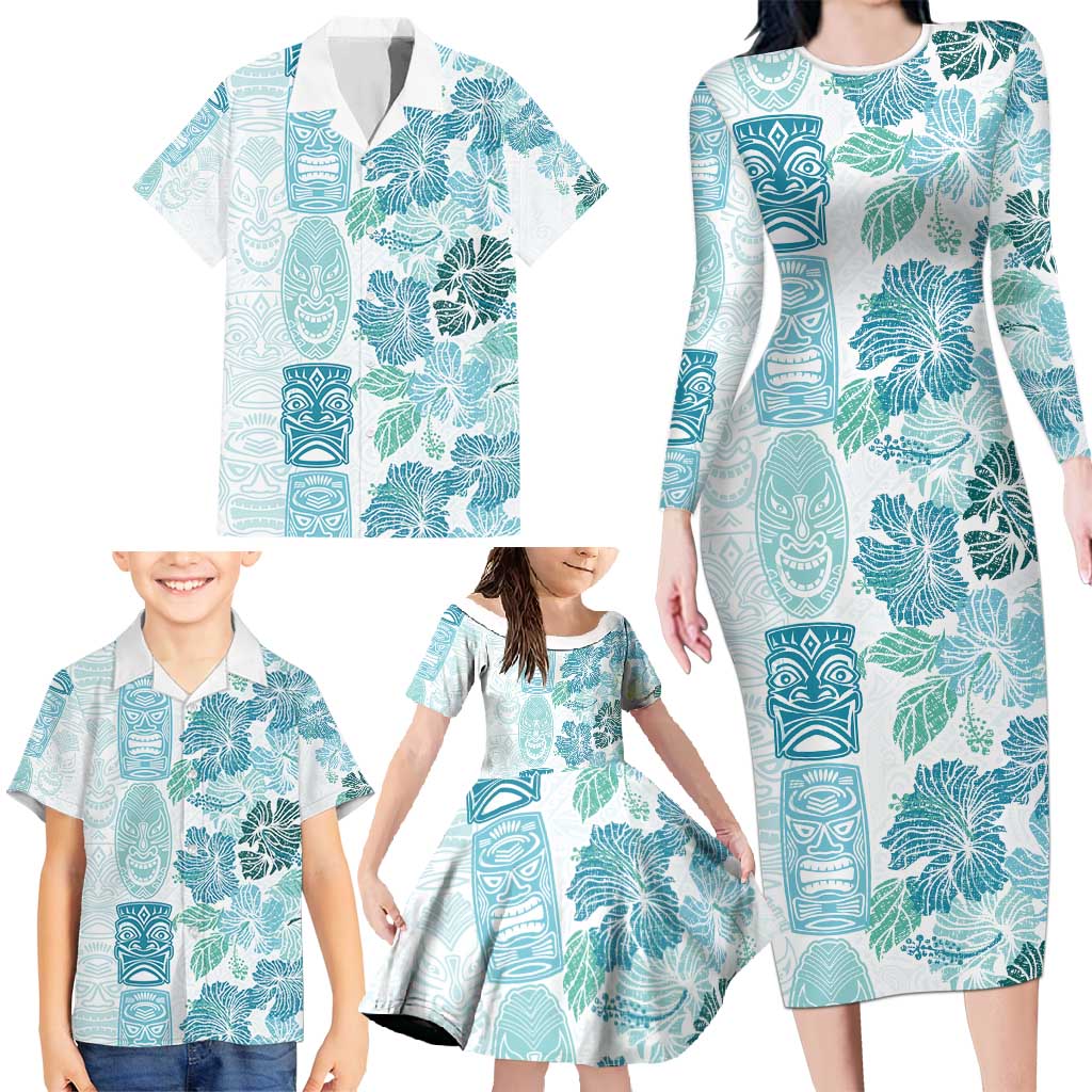 Christmas Aloha Hawaii Tiki Family Matching Long Sleeve Bodycon Dress and Hawaiian Shirt Hibiscus Summer Colors - Polynesian Pride