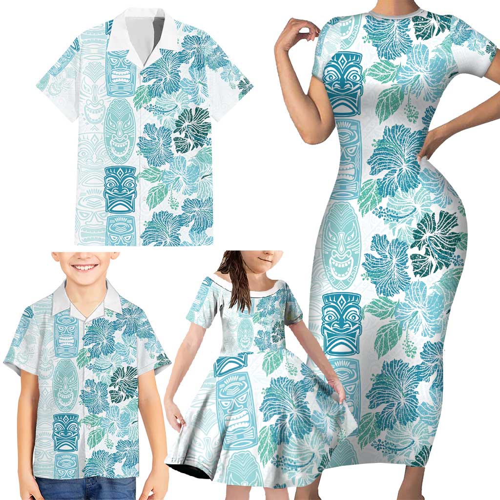 Christmas Aloha Hawaii Tiki Family Matching Short Sleeve Bodycon Dress and Hawaiian Shirt Hibiscus Summer Colors - Polynesian Pride