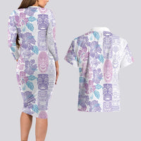 Christmas Aloha Hawaii Tiki Couples Matching Long Sleeve Bodycon Dress and Hawaiian Shirt Hibiscus Winter Colors - Polynesian Pride