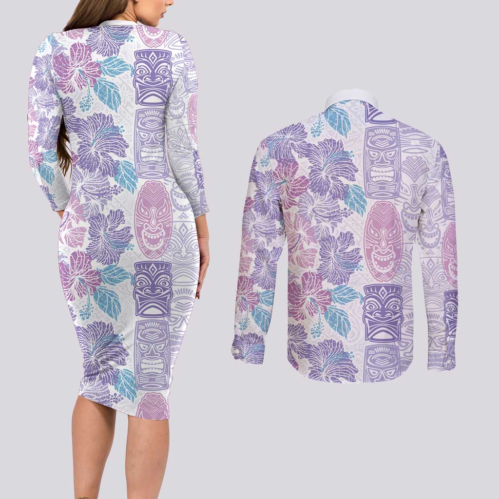 Christmas Aloha Hawaii Tiki Couples Matching Long Sleeve Bodycon Dress and Long Sleeve Button Shirt Hibiscus Winter Colors - Polynesian Pride