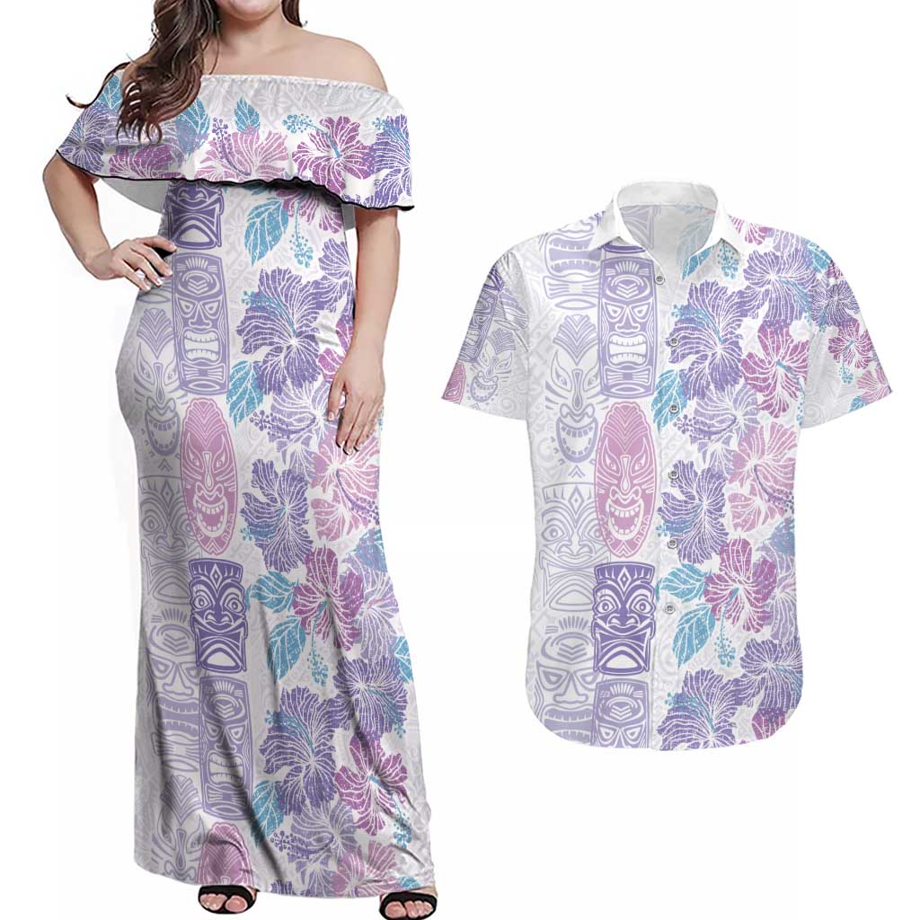 Christmas Aloha Hawaii Tiki Couples Matching Off Shoulder Maxi Dress and Hawaiian Shirt Hibiscus Winter Colors - Polynesian Pride