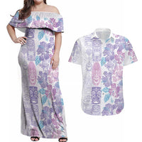 Christmas Aloha Hawaii Tiki Couples Matching Off Shoulder Maxi Dress and Hawaiian Shirt Hibiscus Winter Colors - Polynesian Pride
