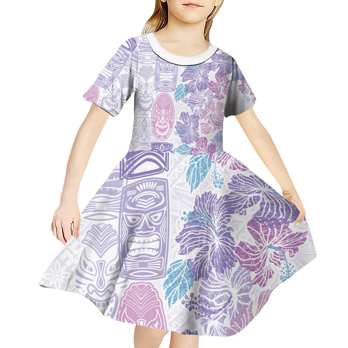 Christmas Aloha Hawaii Tiki Kid Short Sleeve Dress Hibiscus Winter Colors - Polynesian Pride