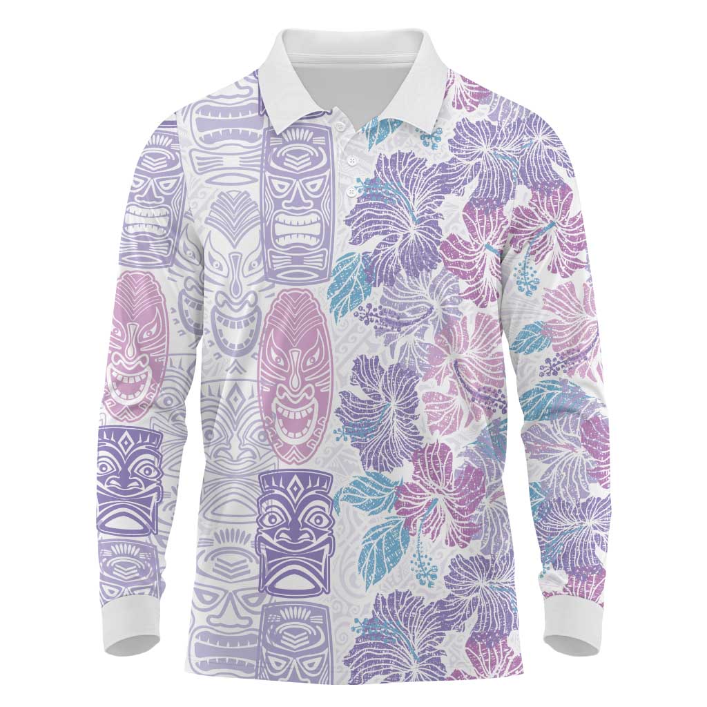 Christmas Aloha Hawaii Tiki Long Sleeve Polo Shirt Hibiscus Winter Colors - Polynesian Pride