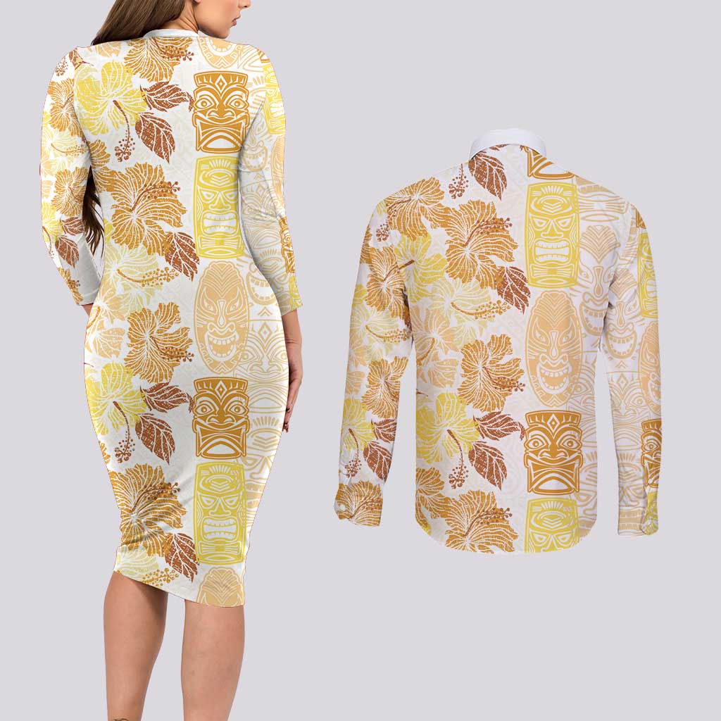 Christmas Aloha Hawaii Tiki Couples Matching Long Sleeve Bodycon Dress and Long Sleeve Button Shirt Hibiscus Autumn Colors - Polynesian Pride