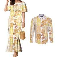 Christmas Aloha Hawaii Tiki Couples Matching Mermaid Dress and Long Sleeve Button Shirt Hibiscus Autumn Colors - Polynesian Pride