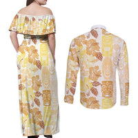 Christmas Aloha Hawaii Tiki Couples Matching Off Shoulder Maxi Dress and Long Sleeve Button Shirt Hibiscus Autumn Colors - Polynesian Pride