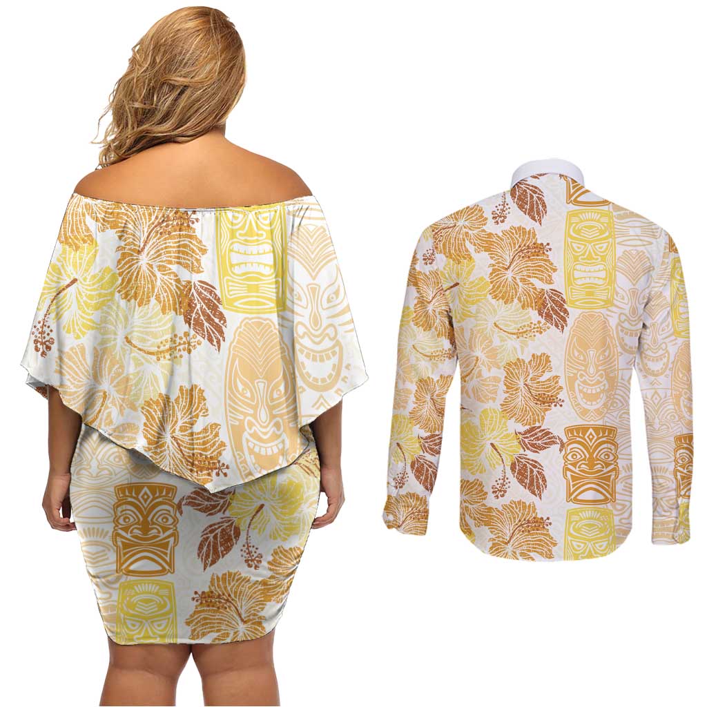 Christmas Aloha Hawaii Tiki Couples Matching Off Shoulder Short Dress and Long Sleeve Button Shirt Hibiscus Autumn Colors - Polynesian Pride