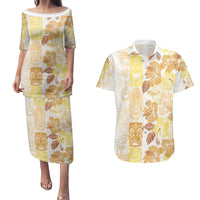 Christmas Aloha Hawaii Tiki Couples Matching Puletasi and Hawaiian Shirt Hibiscus Autumn Colors - Polynesian Pride