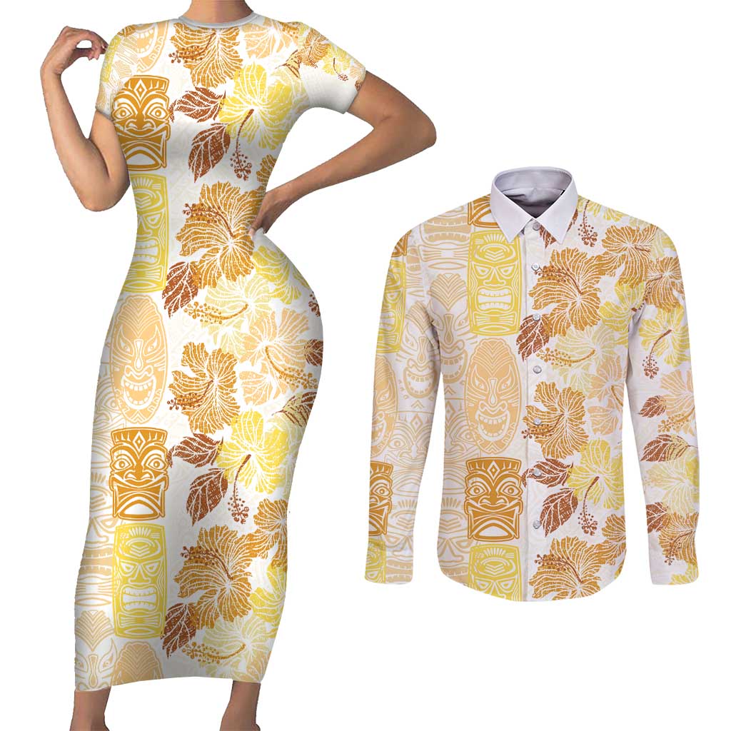 Christmas Aloha Hawaii Tiki Couples Matching Short Sleeve Bodycon Dress and Long Sleeve Button Shirt Hibiscus Autumn Colors - Polynesian Pride