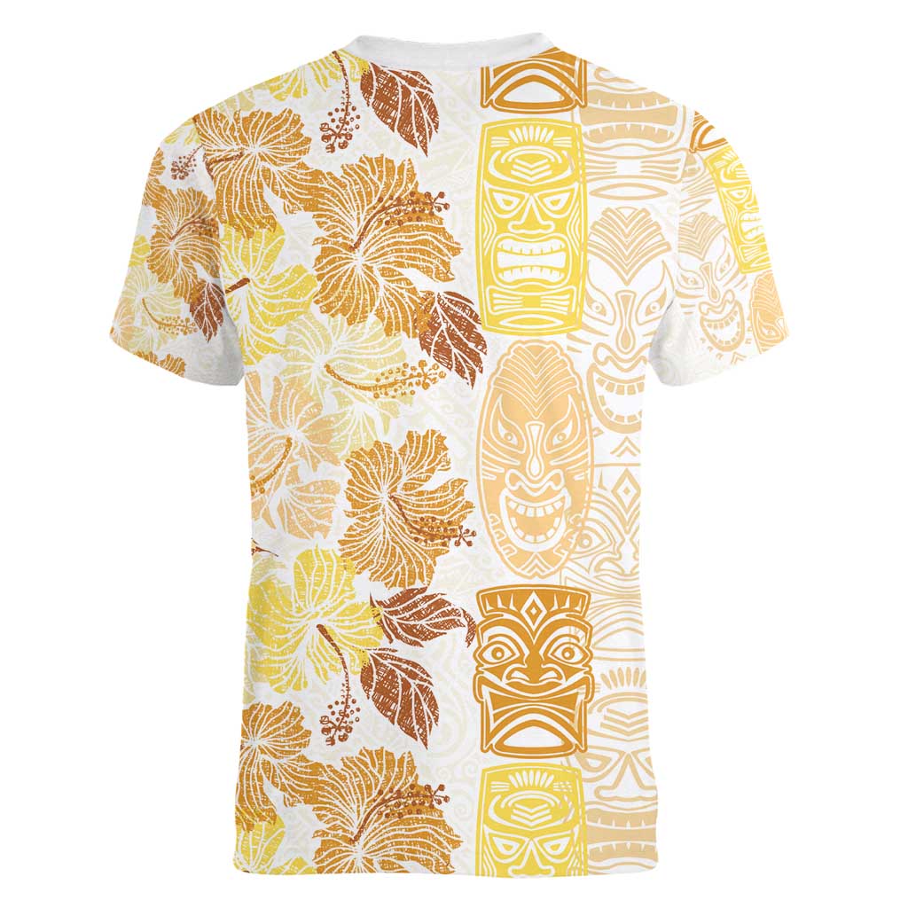 Christmas Aloha Hawaii Tiki Women V-Neck T-Shirt Hibiscus Autumn Colors - Polynesian Pride