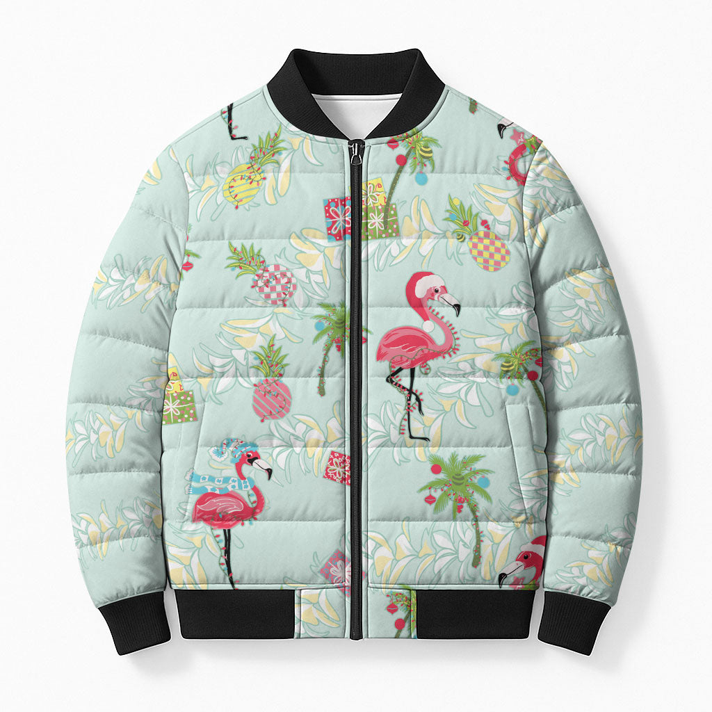 Aloha Hawaii Christmas Seamless Bomber Puffer Jacket Plumeria Lei LT7 Unisex Cerulean - Polynesian Pride