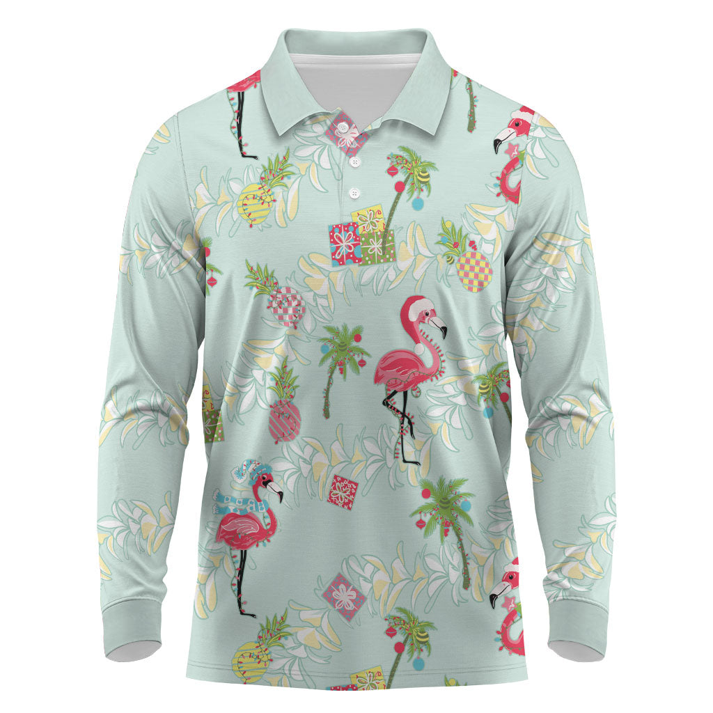 Aloha Hawaii Christmas Seamless Long Sleeve Polo Shirt Plumeria Lei LT7 Cerulean - Polynesian Pride