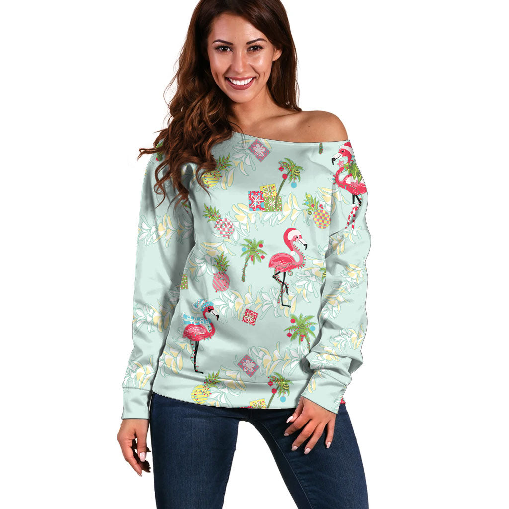 Aloha Hawaii Christmas Seamless Off Shoulder Sweater Plumeria Lei LT7 Women Cerulean - Polynesian Pride