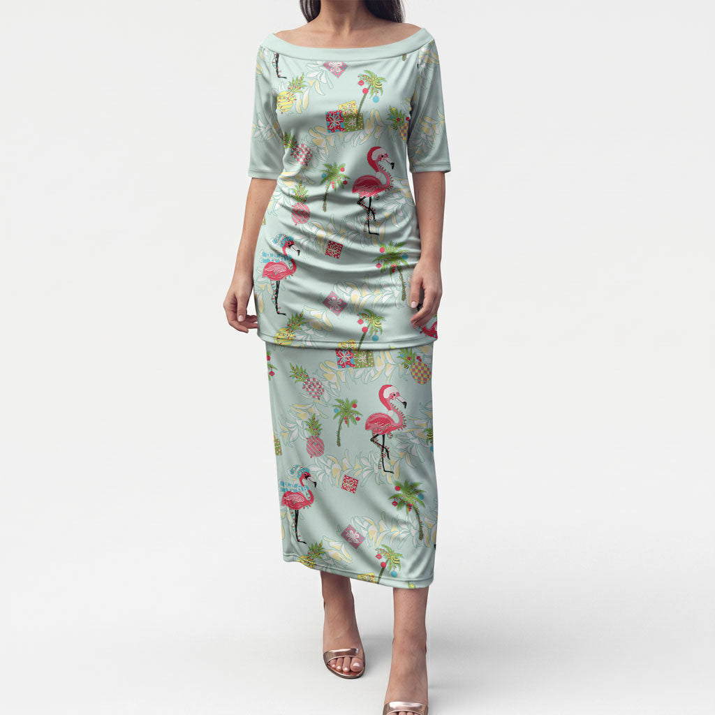 Aloha Hawaii Christmas Seamless Puletasi Plumeria Lei LT7 Long Dress Cerulean - Polynesian Pride