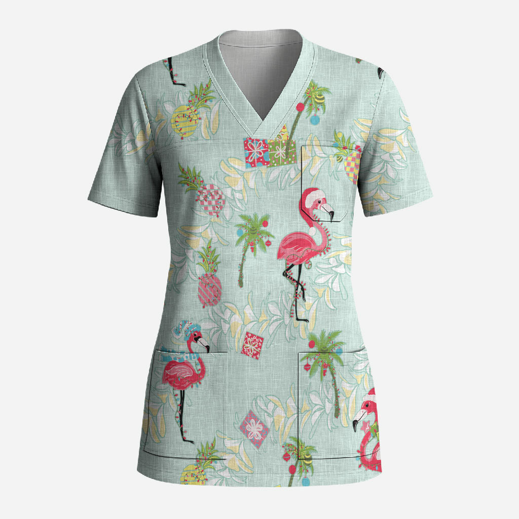 Aloha Hawaii Christmas Seamless Scrub Top Plumeria Lei LT7 Adult Cerulean - Polynesian Pride
