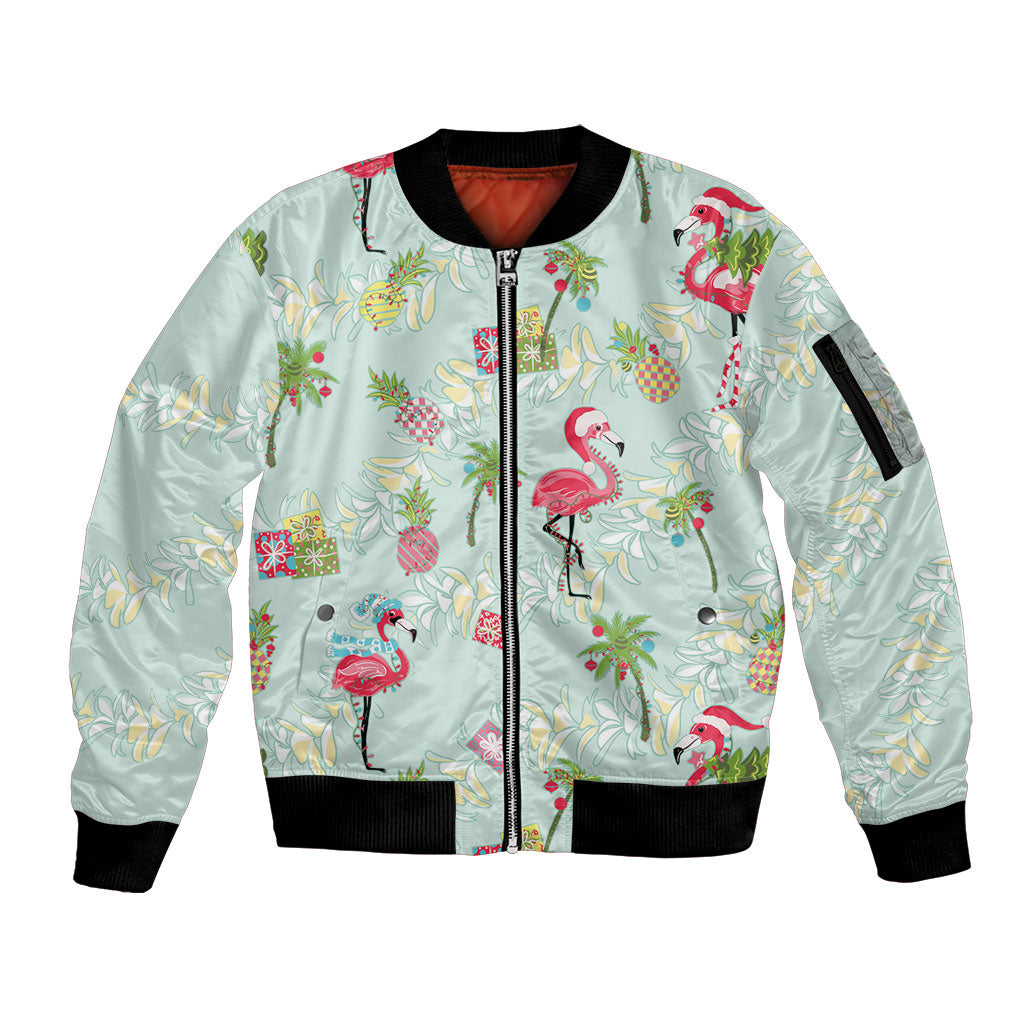 Aloha Hawaii Christmas Seamless Sleeve Zip Bomber Jacket Plumeria Lei LT7 Unisex Cerulean - Polynesian Pride